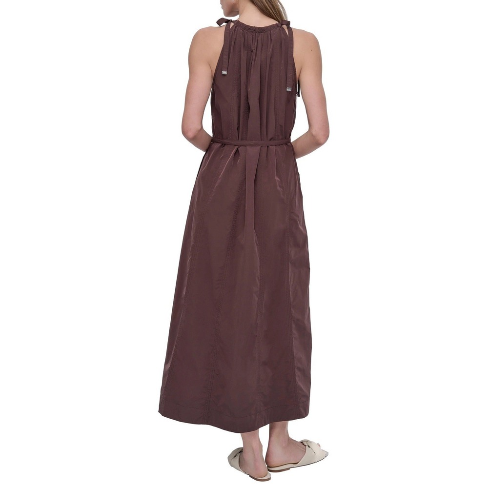 DKNY Women's Size 12 Chocolate Brown Halter Midi Dress Seamed Tie Straps Tie Wai - Picture 2 of 11